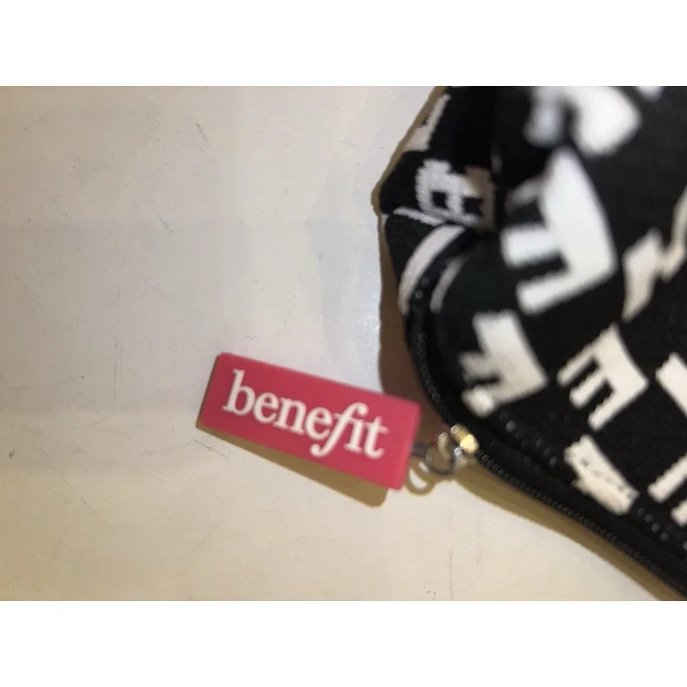Benefit Cosmetics Black White Knit Monogram Cosmetic Bag Wide Opening